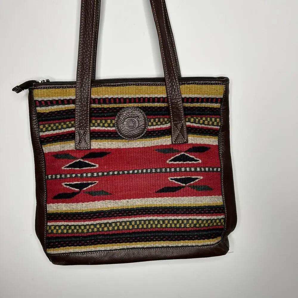 Born Wool Leather Tote Bag Southwestern Boho Aztec Pattern Shoulder‎ Purse